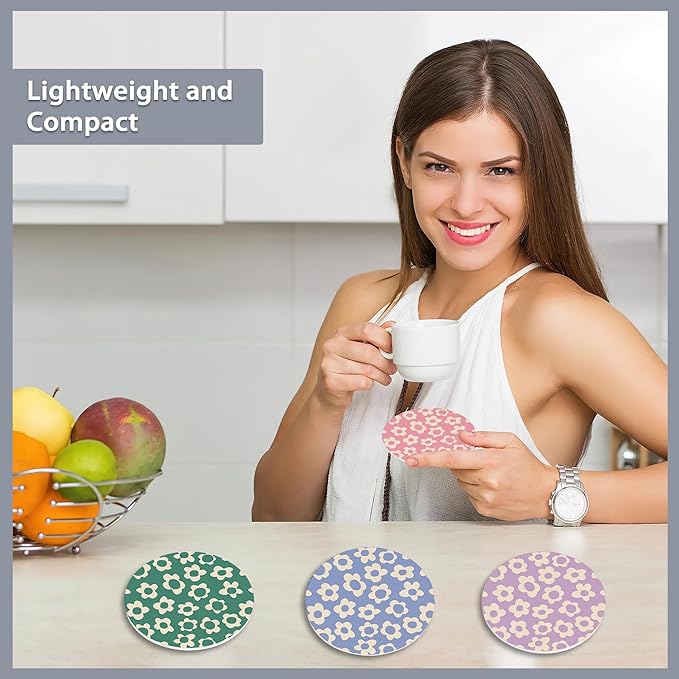 Drink Coasters Set of 6 with Holder,Vintage Flowers,Floral Pink Blue Green Purple Absorbent Ceramic Coasters with Cork Base,Fit All Cups,Tabletop Protection Mat for Mugs and Cups,Office,Kitchen