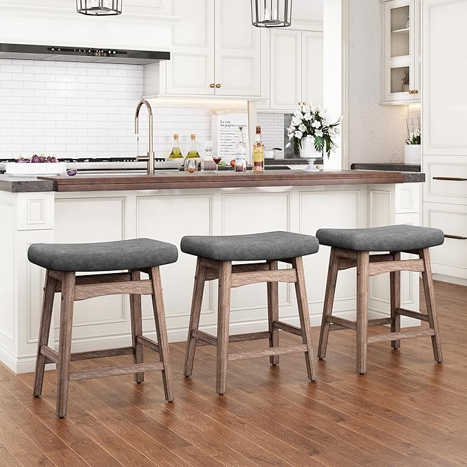 PHI VILLA Farmhouse Bar Stools Set of 3 - Wood Bartools with Upholstered Saddle Seat, 24 inch stools for Kitchen Counter Set of 3