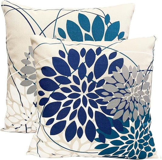 Blue Decorative Throw Pillow Covers 16x16 Inch Pillow Covers for Couch Living Room Bedroom Car Outdoor.Modern Sofa Throw Pillow Cover.Farmhouse Geometric Floral Linen Square Pillow Case.Set of 2