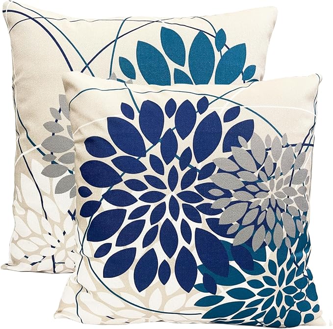 Blue Decorative Throw Pillow Covers 22x22 Inch Pillow Covers for Couch Living Room Bedroom Car Outdoor.Modern Sofa Throw Pillow Cover.Farmhouse Geometric Floral Linen Square Pillow Case.Set of 2