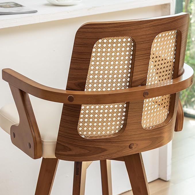 Set of 3 Mid Century Counter Stools - 27 inch Rattan Swivel Counter stools with Curved Back, Walnut Crafts, Upholstered Faux Leather, CounterChairs for Island/Pub/Kitchen (27" Seat Height, Beige)