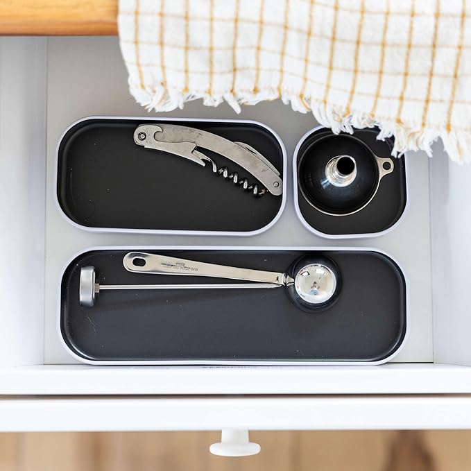 Three by Three Seattle 3 Piece Shallow Metal Organizer Tray Set for Storing Makeup, Stationery, Utensils, and More in Office Desk, Kitchen and Bathroom Drawers (1 Inch, Gray and White)