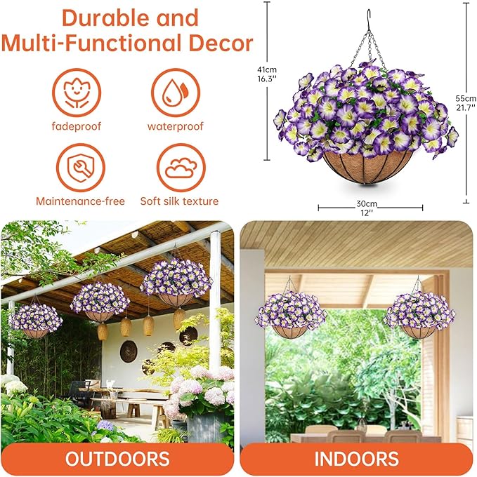 Artificial Hanging Flowers Basket, Fake Plants, Faux Silk Petunias Eucalyptus, for Spring Summer Outdoor Decoration, UV Resistant, Coconut Planter wtih Morning Glories, for Patio Garden Decor (Pruple)