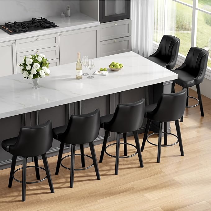 Counter Height Swivel Bar Stool, 24" Upholstered PU Leather Barstools Set of 6, Counter Stool Chairs with Back & Solid Wood Legs for Kitchen Island Dining Room (Black)