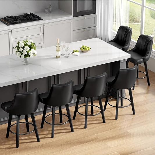 Counter Height Swivel Bar Stool, 24" Upholstered PU Leather Barstools Set of 6, Counter Stool Chairs with Back & Solid Wood Legs for Kitchen Island Dining Room (Black)