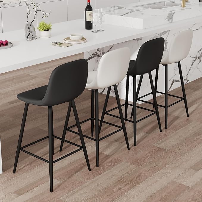 Barstools Set of 4, 24.6" Counter Height Bar Stools with Back & Metal Footrest, Modern Island Chairs Set of 4 for Kitchens Island Home Bar(2 Black & 2 White)