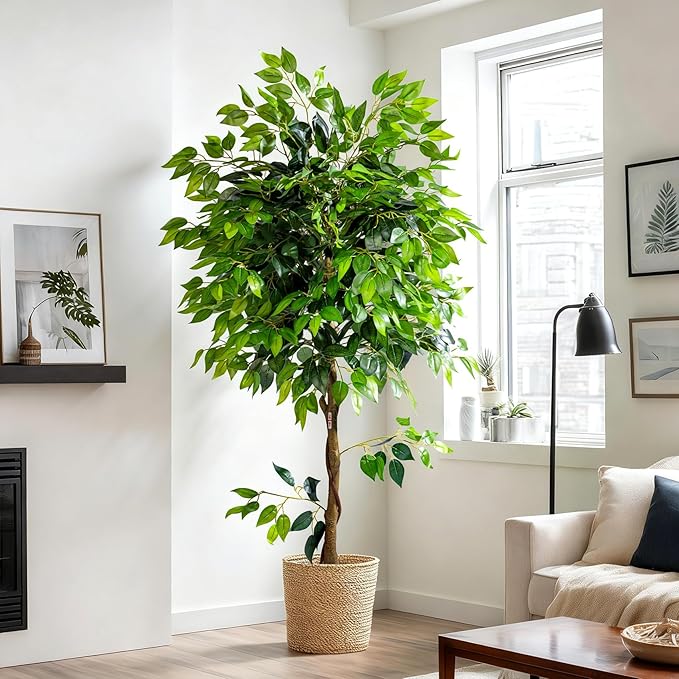 6ft Artificial Ficus Tree for Home Decor, Faux Silk Plants Faux Plant Fake Silk Trees with Pot for Indoor House Living Room Office Garden