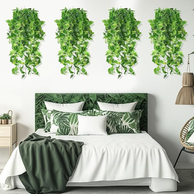 Hoteam 18 Pcs Artificial Hanging Plants 32 Inch Fake Ivy Vines with Fake Leaves Patio Artificial Plants Greenery for Living Room Indoor Outdoor Wall, No Basket (Pothos)