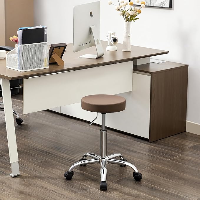Adjustable Office Stool with Wheels 19.5"-26.6", Brown Thick Cushion Backless Rolling Chair (Coffee Brown)