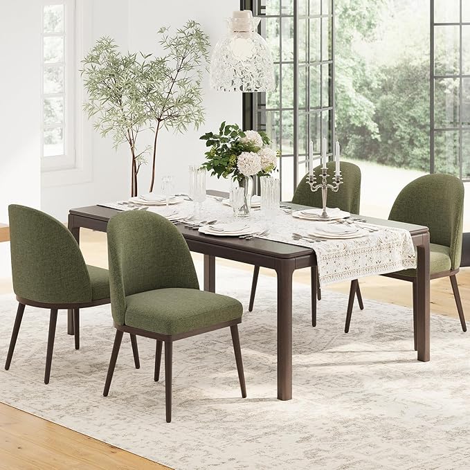 Upholstered Dining Chairs Set of 4, Wooden Dining Room Kitchen Chairs with Wood Frame and Curved Backrest, Modern Fabric Dinner Chairs, Green