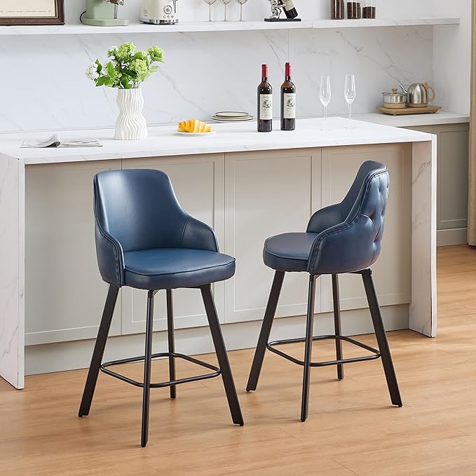 Bar Stools Set of 2, 26" Swivel Counter Height Bar stools with High Back, Faux Leather Kitchen Barstools Counter Height for Kitchen Island (Navy Blue, 2PCS 26" Counter Stools)
