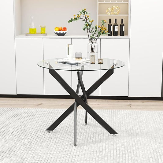 Glass Dining Table Modern Kitchen Table with Black Metal Legs 32 Inch Small Round Dining Table for Apartment Kitchen Dining Room