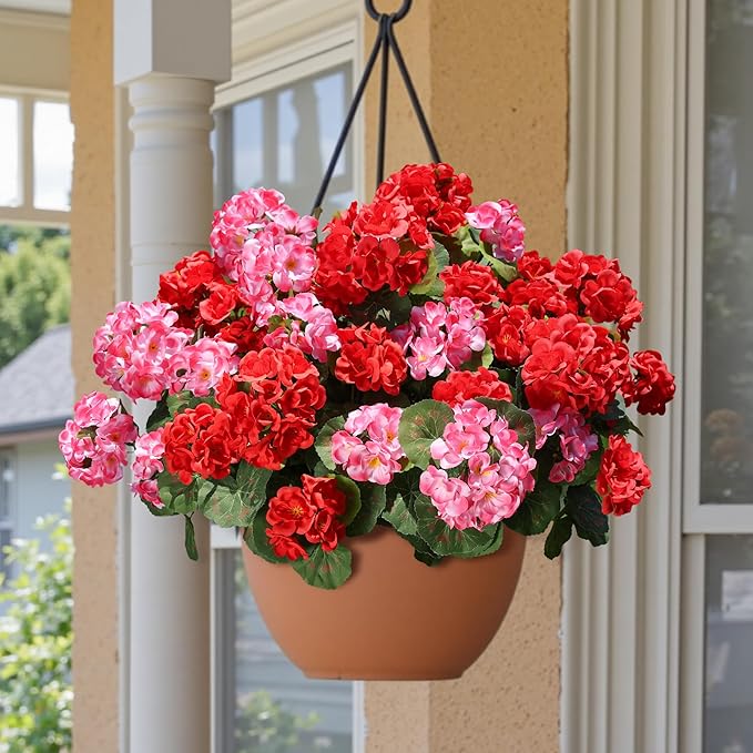 Artificial Geraniums Fake Flowers for Outdoors Decoration, 6 Bundles Silk Geraniums Flower UV Resistant Look Real Faux Plants for Front Door Garden Porch Planter Patio Balcony Yard Indoor Home, Mix