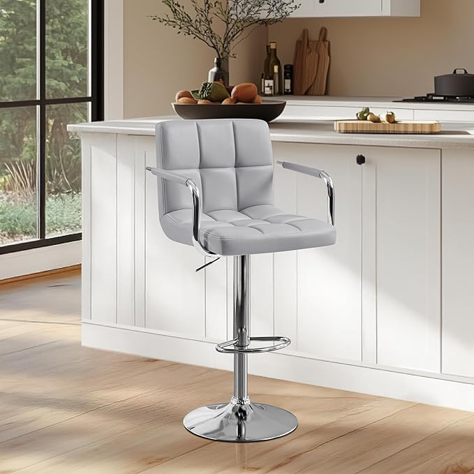 Yaheetech Bar Stools, PU Leather Adjustable Swivel Barstools, Hydraulic Kitchen Counter Height Bar Chairs with Armrest and Back for Kitchen, Dining Room, Light Grey