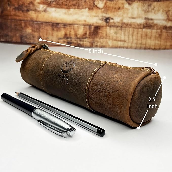 Rustic Town Leather Pencil Case - Full Grain Leather Zippered Pen Pouch - Stationery Bag Pen Holder for Work & Office