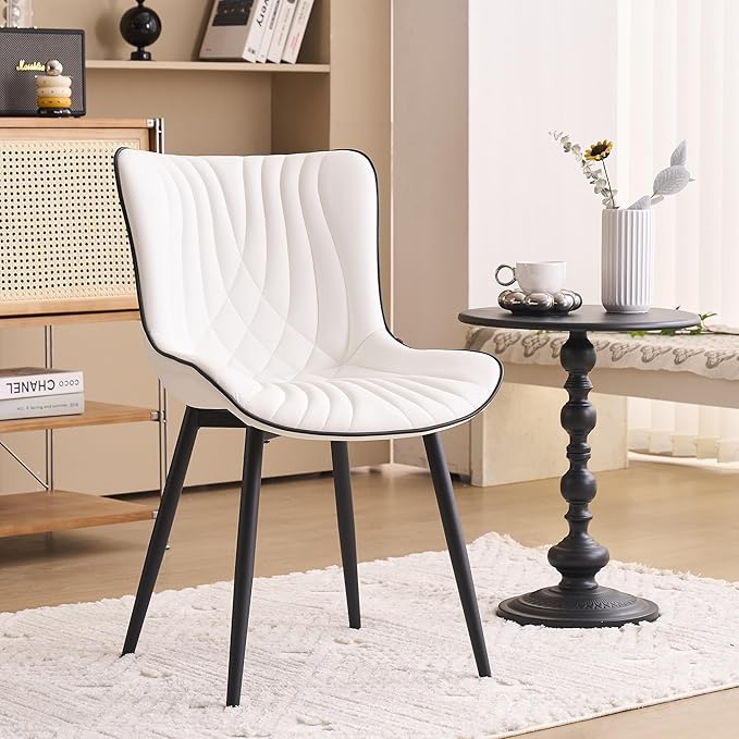 YOUTASTE Dining Chairs Set of 2, Mid Century Modern Upholstered Faux Leather Kitchen Room Chairs, with Black Metal Legs, Armless Accent Chair for Living Room, Bedroom, Vanity, White