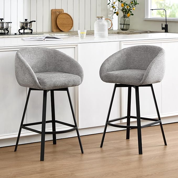 Zesthouse Swivel Counter Height Stools Set of 4, Modern Barrel Bar Stools for Kitchen Island, 26" Upholstered Kitchen Counter Height Barstools with Barrel Arms & Back, Grey Linen Fabric Bar Chairs