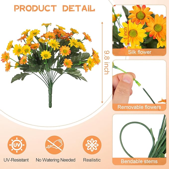 Fake Mums Fall Artificial Flowers for Outdoor Decoration, 6 Bundles Faux Silk Daisy Flowers Realistic UV Resistant No Fade Fall Fake Plants for Home Patio Porch Garden Window Box Decor(Yellow Orange)