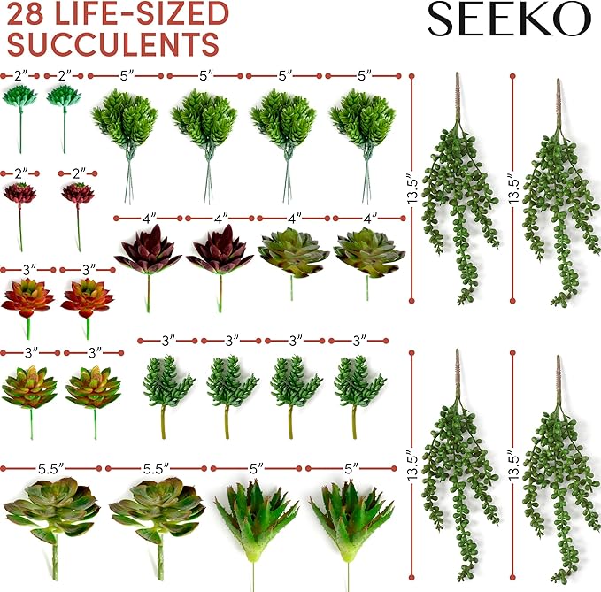 SEEKO Succulents Fake Plants Artificial (28 Pack) - Premium Faux Succulents for Crafts - Realistic Artificial Succulent Assortment for Party, Cake, Garden, Home & Outdoor Decor