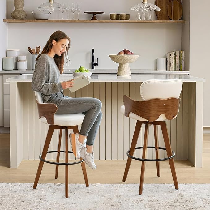 30” Swivel Bar Stools Set of 2,White Faux Leather Bar Height Stools with Armrest and Fishtail-Shaped Back,Mid Century Modern High Barstools,Walnut Bar Chair for Kitchen Island or Home Bar