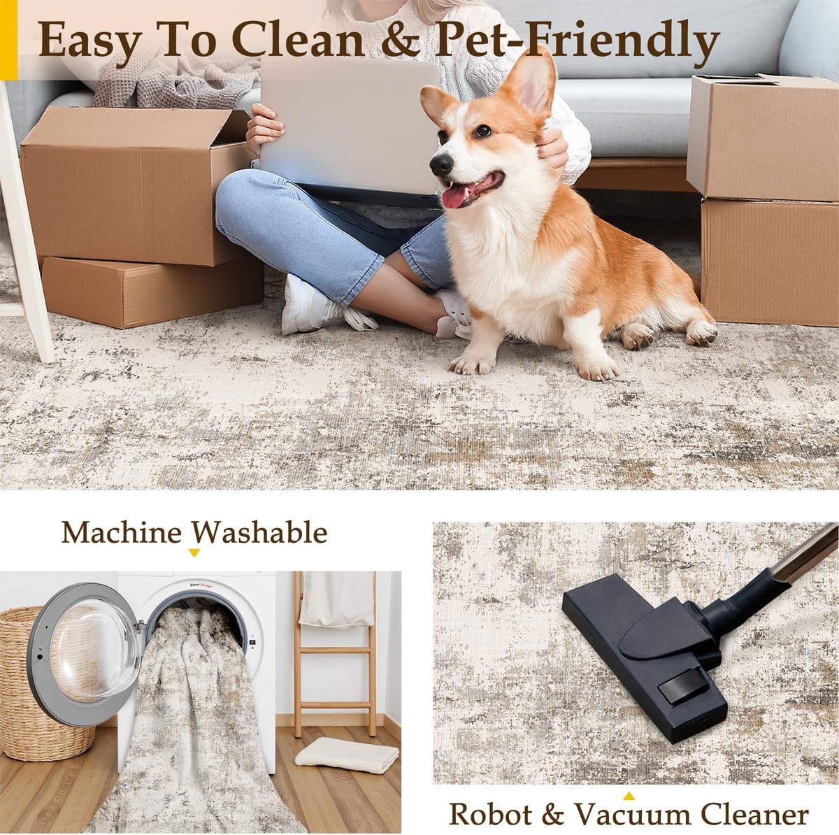 12x15 Washable Area Rug Brown Grey Abstract Neutral Living Room Bedroom Large Throw Rug Non Slip Soft Distressed Low Pile Indoor Floor Carpet for Kitchen Office Entryway