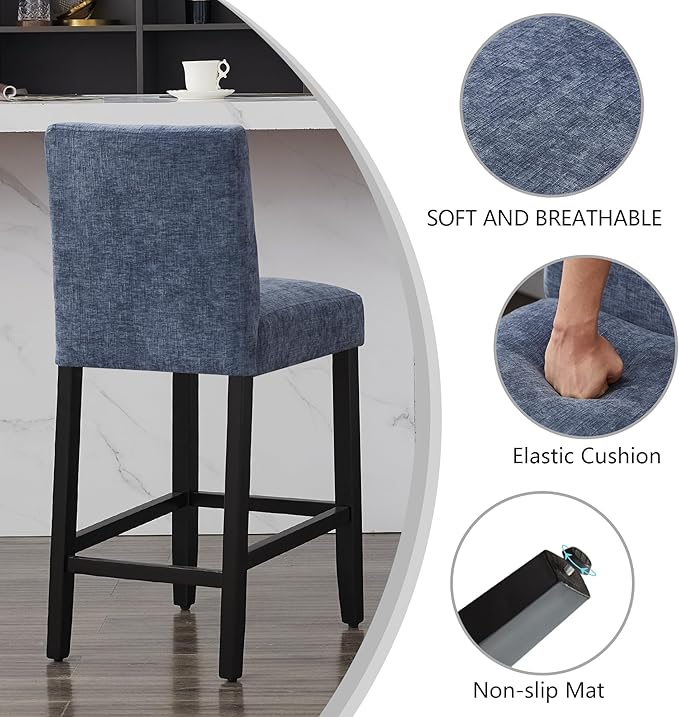 26'' Velvet Chenille Bar Stools Set of 4, Modern Upholstered Bar Height Bar Chairs, Soild Wood Legs Barstools with Back, Blue