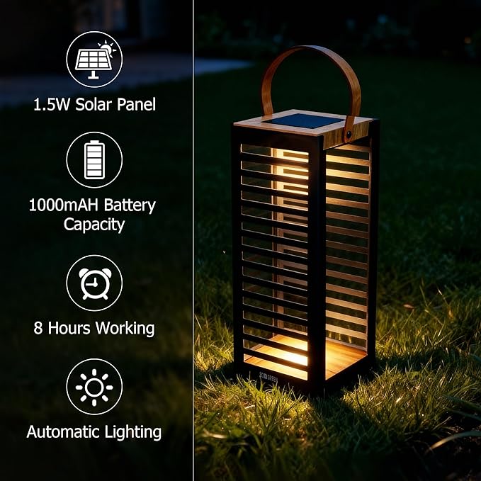 Solar Lantern with Handle - Outdoor Metal Solar Light (7.87×19.69"), Waterproof & Rustproof, 8H Auto-On Warm White Light, Portable for Patio, Porch, Balcony & Garden Decor (Black - 1 Pack)