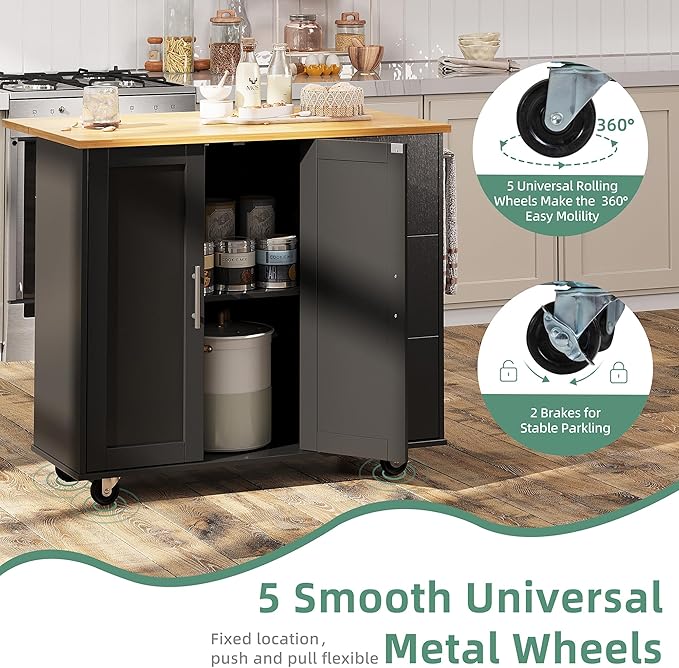 Shintenchi Rolling Kitchen Island Cart with Folding Drop Leaf Breakfast Bar, Portable Trolley Island with Large Storage Cabinet, Shelf and Drawer, Black