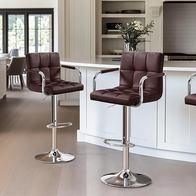 Yaheetech Bar Stools Set of 2, Adjustable PU Leather Swivel Barstools, Modern Counter Stools with Back and Footrest, Counter Height Barstools for Bar, Kitchen, Dining Room, Brown
