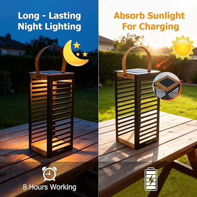 Solar Lantern with Handle - Outdoor Metal Solar Light (7.87×19.69"), Waterproof & Rustproof, 8H Auto-On Warm White Light, Portable for Patio, Porch, Balcony & Garden Decor (Black - 1 Pack)