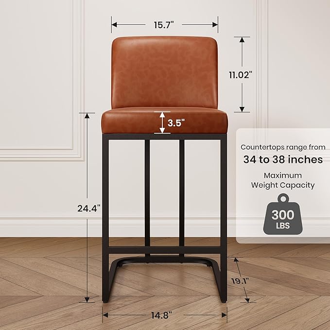 PHI VILLA Brown Bar Stools with Back - Counter Height, Modern Leather, Kitchen Island Chair, 24 inch