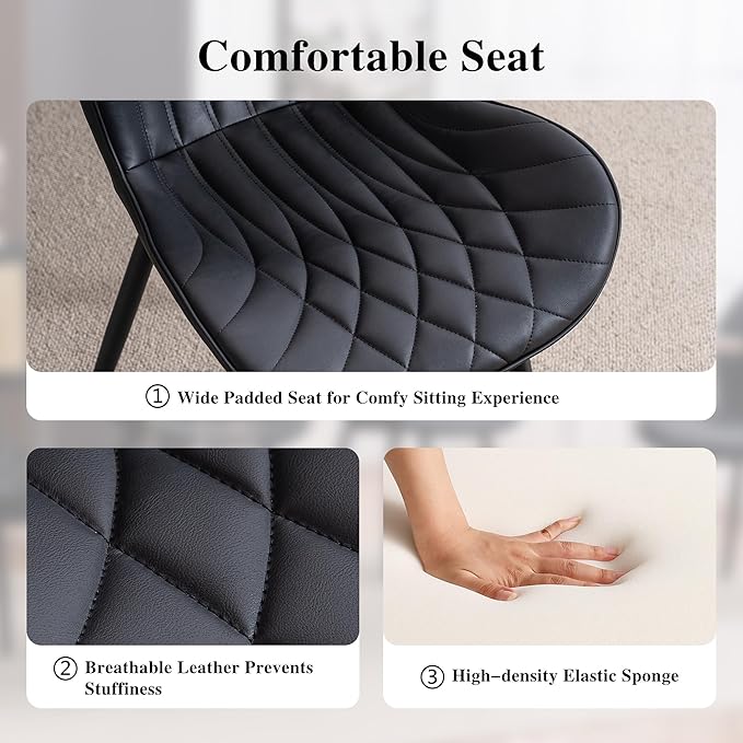 YOUNIKE Dining Chairs Set of 2, Upholstered Faux Leather Kitchen & Dining Room Chairs, Modern Living Room Bedroom Side Chairs with Wide Wing Back and Adjustable Metal Legs, Black