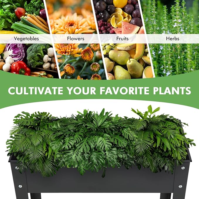 HAPPYGRILL Raised Garden Bed, 18” Elevated Planter Box w/Legs, Drainage Hole, Hemming Design, Metal Garden Box for Vegetable Herb, Outdoor Raised Beds for Gardening, Backyard Porch Balcony, Black