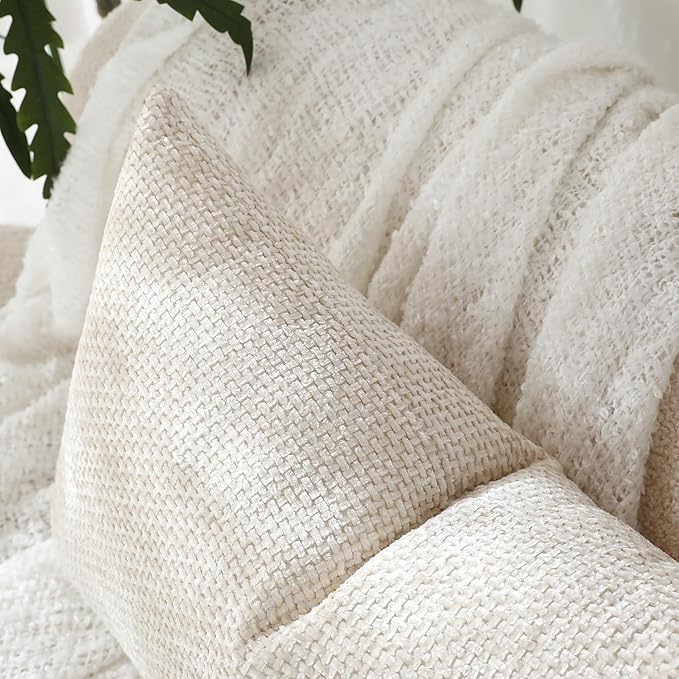 Stellhome Pack of 2 Woven Textured Decorative Throw Pillow Covers Soft Chenille Accent Luxury Cushion Cases for Living Room Couch Bed Sofa Farmhouse Boho Home, 12x20 inch, Cream