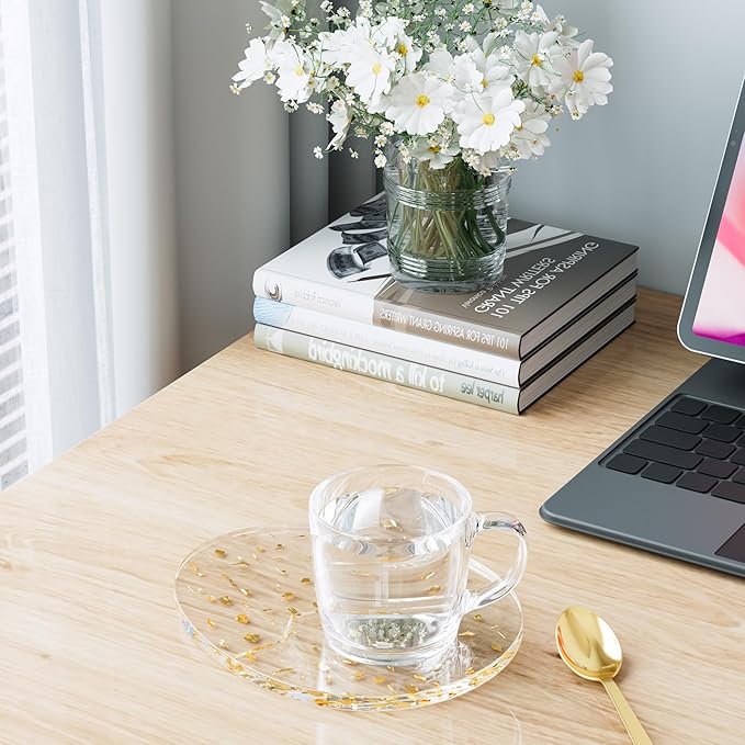 Acrylic Coaster Decorative Plates,2Pcs/Set Office Desk Accessories, Clear Dinosaur Egg Shape Coffee Cup Decor, Perfect for Tabletop Protection and Display.（Gold）