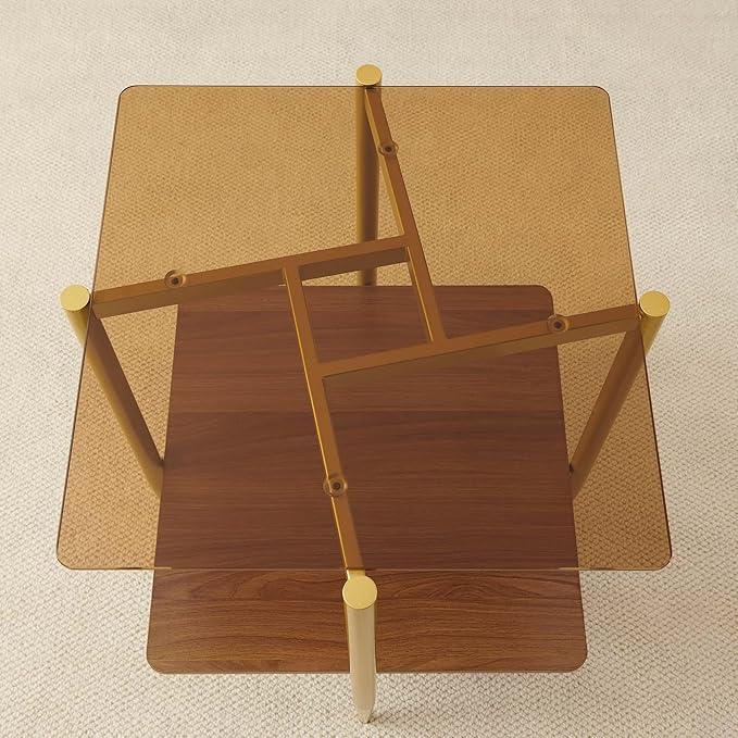 Square Glass End Table, Mid-Century Modern Sofa Table, L20*W20*H23 inch for Living Room, 2-Tier Structure, Amber Glass Top and Walnut MDF Shelf, Sleek Conical Metal Legs with Gold Finish
