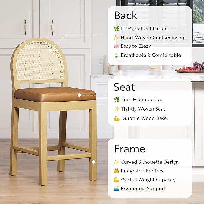 STHOUYN Upholstered Rattan Bar Stools Set of 2, Wooden Counter Height Bar Stools with Natural Rattan Woven Back and Faux Leather Seat, Mid-Century Modern Island Chairs Barstools for Kitchen (2, Brown)