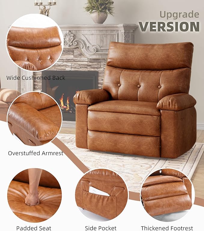 GarveeHome Oversized Wide Recliner Chair - Heat and Massage, PU Leather Extra Wide Manual Recliner for Adults, Large Lazy Chair with 1.5X Sponge Comfort Arm and Back for Living Room, Bedroom