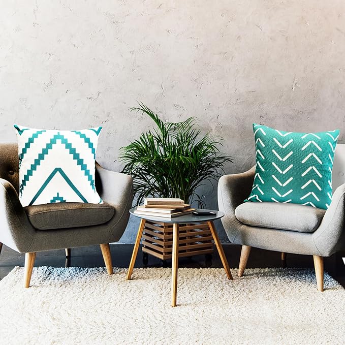 Decorative Throw Pillow Covers 18x18 Inch Aqua Blue Pillow Covers for Couch Sofa Living Room Bedroom,Farmhouse Outdoor Throw Pillow Cover,Modern Geometric Linen Square Throw Pillow Case Set of 4