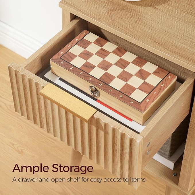 End Table, Fluted Night Stand, Modern Side Table, Bedside Table with 1 Drawer and 1 Open Compartment, Mid Century Nightstand, for Living Room, Bedroom, Study, Office, Natural ETNA6201