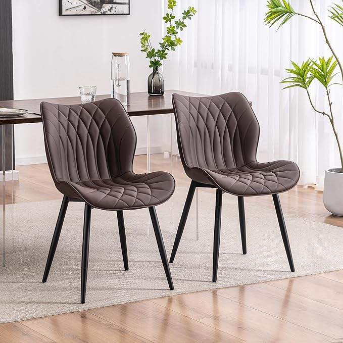 Kidol & Shellder Modern Dining Chairs Set of 2 Comfy Dining Room Chairs with Thick Cushions PU Leather Upholstered Kitchen Side Chairs with Metal Legs Brown
