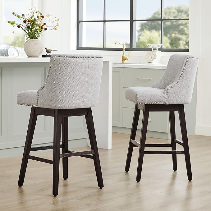 CHITA Counter Height Swivel Bar Stools Set of 2, FSC Certified Upholstered Counter Stools, Modern Swivel Barstools with Wood Legs for Kitchen Island, 30" Seat Height, Fabric in Ivory
