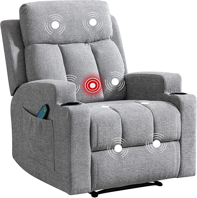 Phoenix Home Manual Recliner Chair with Massage and Heat Ergonomic Overstuffed Breathable Fabric Reclining Chair with 2 Side Pockets, 2 Cup Holders, Remote Control, Living Room, Bedroom, Gray