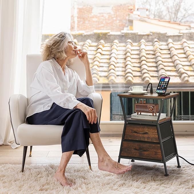 Nightstand with Charging Station, Side Tables for Bedroom with Built-in USB Side Table with 2 USB Ports and Outlets Nightstand with Cloth Drawer End Tables Living Room Sofa Couch