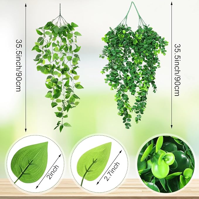Hoteam 12 Pcs Artificial Hanging Plants 32 Inch Fake Ivy Vines with Fake Leaves Patio Artificial Plants Greenery for Living Room Indoor Outdoor Wall, No Basket (Pothos,Eucalyptus)