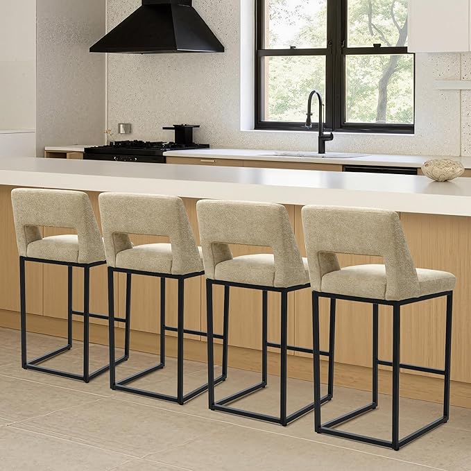 Counter Height Bar Stools Set of 4 for Kitchen Counter Modern Bar Chairs with Backs for Kitchen Island with Upholstered Fabric Seat and Metal Frame, Khaki, 26 Inch