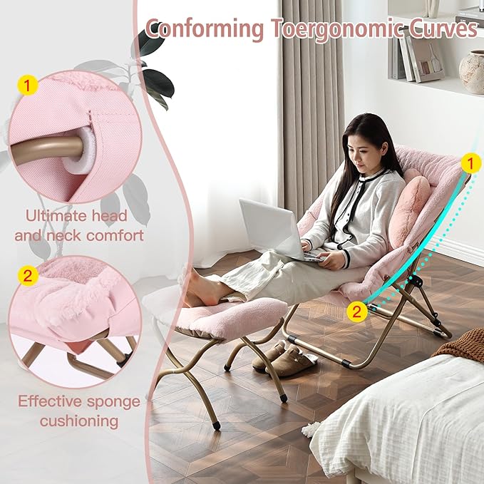 Welnow Comfy Saucer Chair with Ottoman, Oversized Folding Reading Chair for Adults with Throw Pillow Soft Faux Fur Lounge Chair for Bedroom Furry Accent Chair for Living Room, Dorm Rooms, Pink