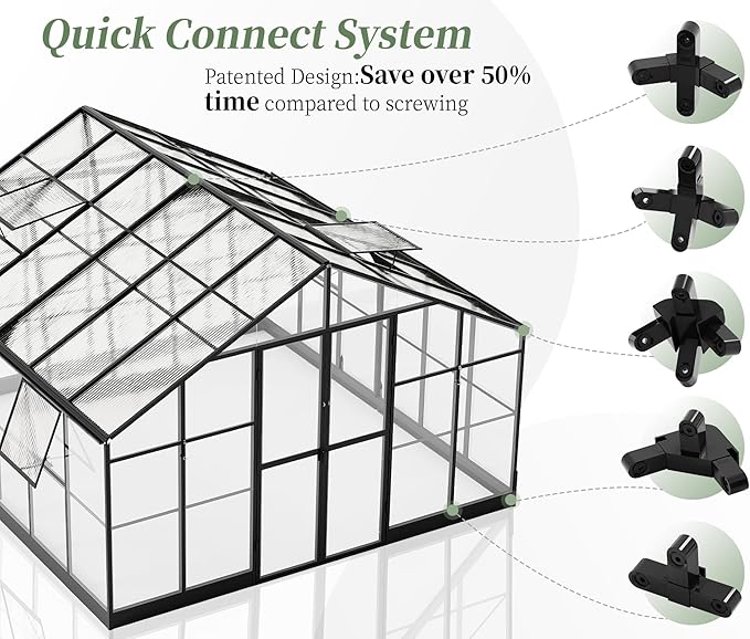 Jocisland 12x13.5x9 FT Polycarbonate Greenhouse, Outdoor Aluminum Greenhouse with 4 Ventilation,Quick Connect Fittings, 6.7 FT Height Double Doors, Fit for Backyard, Black