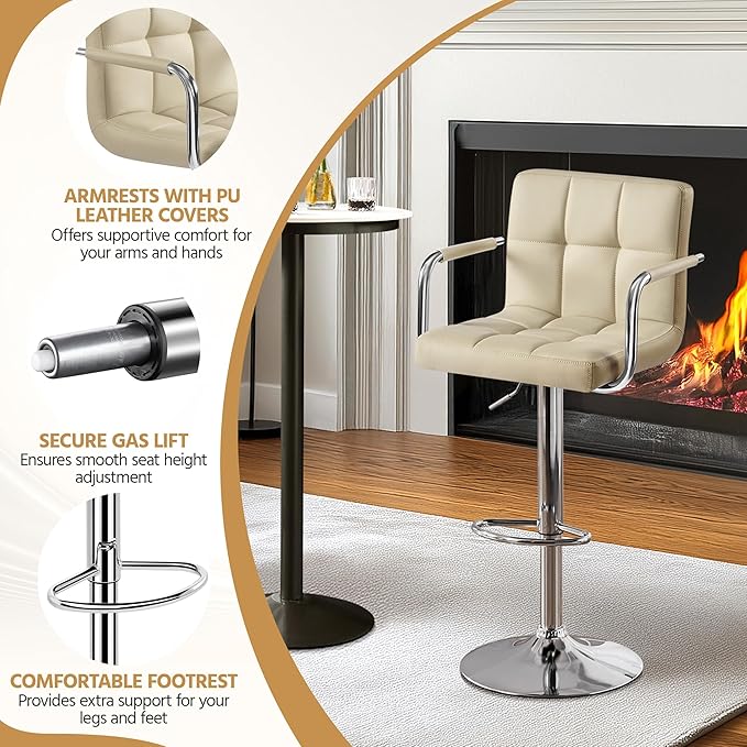 Yaheetech Bar Stools Set of 4, PU Leather Adjustable Swivel Barstools, Hydraulic Kitchen Counter Height Chairs with Armrest and Back for Kitchen, Dining Room, Khaki