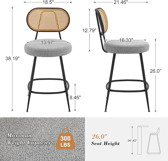 26" Rattan Barstools Set of 2, Counter Height Bar Chair with Black Metal Legs, Modern Armless Sherpa Pub Chair, Adjustable Feetpads Stools for Home Counter, Kitchen Dining Island, Cafe(Grey)